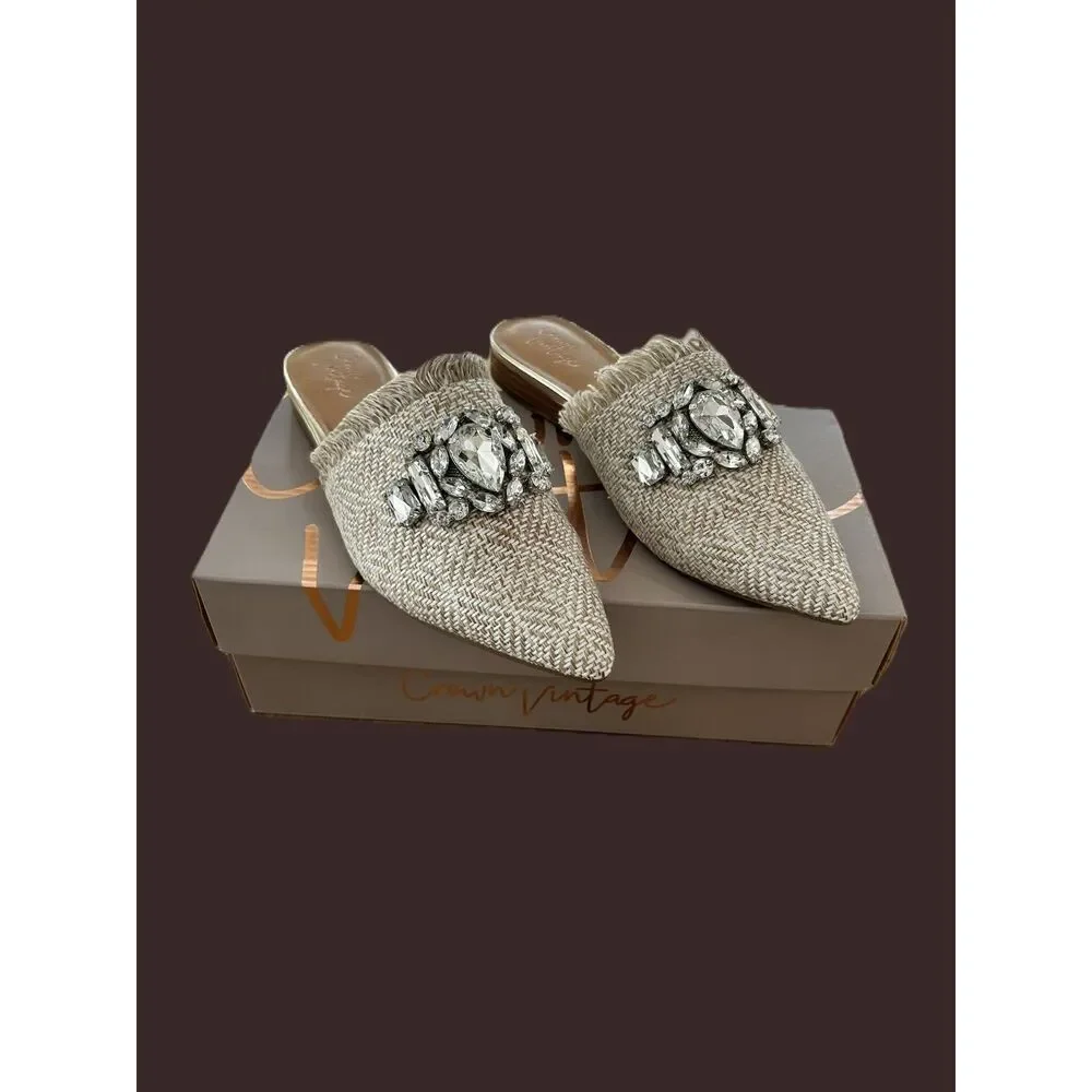 NWB Crown Vantage white/natural woven fringed mules slides shoes size 6.5